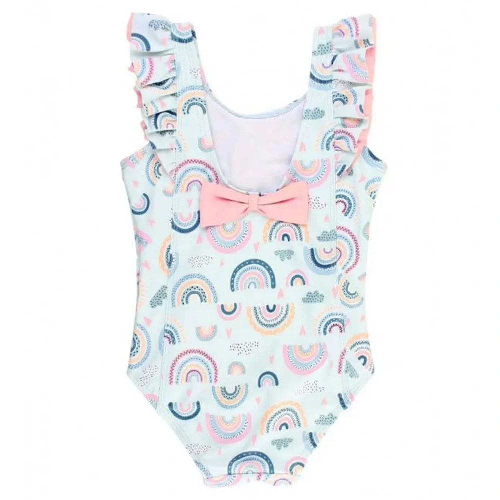 NWT RuffleButts Chase The Rainbow Waterfall Girls One Piece Swimsuit- back bow